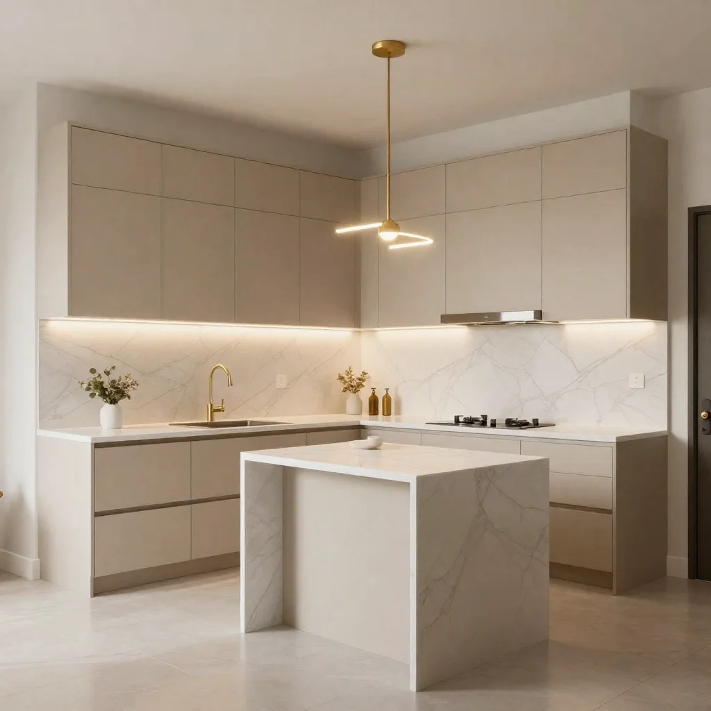 Modern small kitchen layout with efficient use of space and natural lighting.