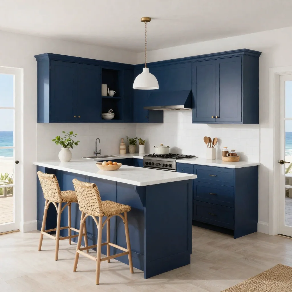 Modern small kitchen with white cabinets, wooden countertops and stylish decor.