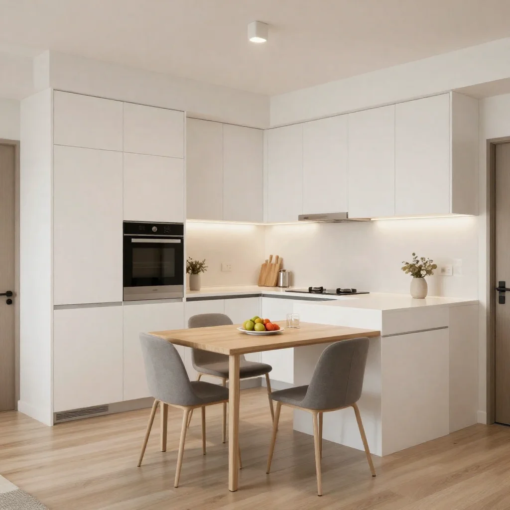 Space-saving small kitchen featuring clever storage solutions and modern design.