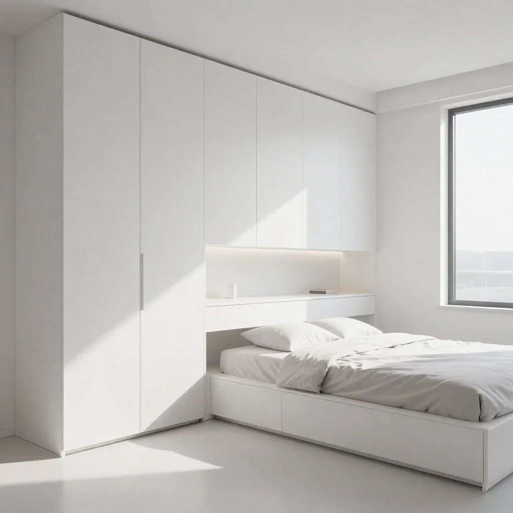 Modern small bedroom with minimalist furniture and neutral color palette.