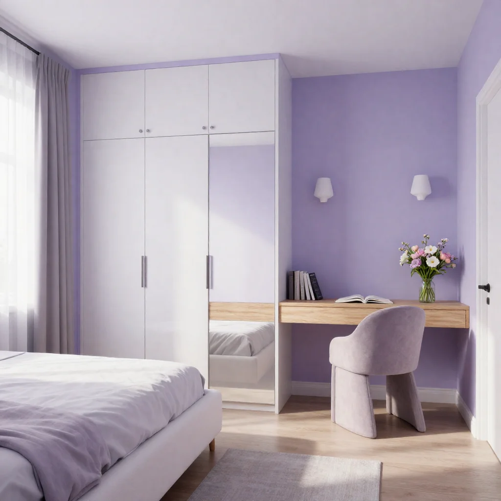 Small bedroom makeover featuring modern decor and practical storage solutions.