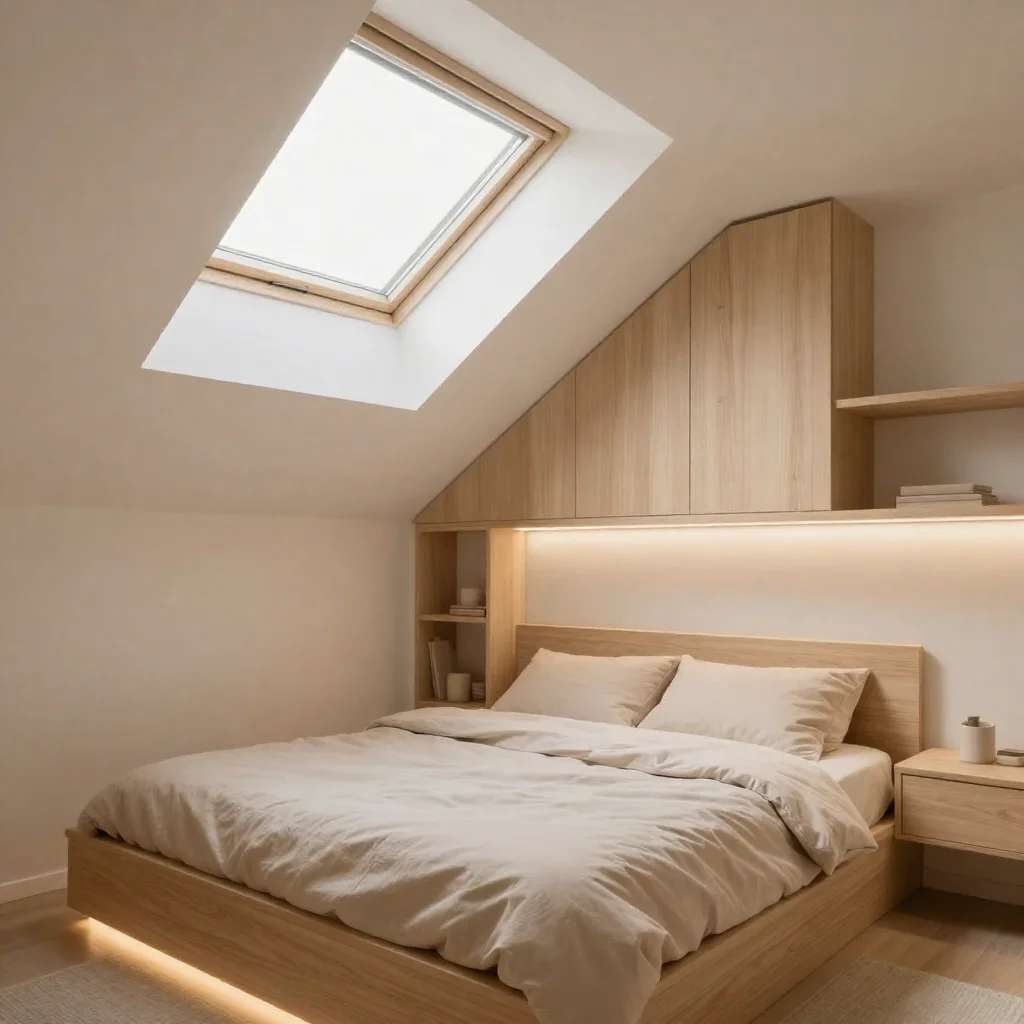 Luxury small bedroom with elegant furniture, warm lighting and neutral colors.