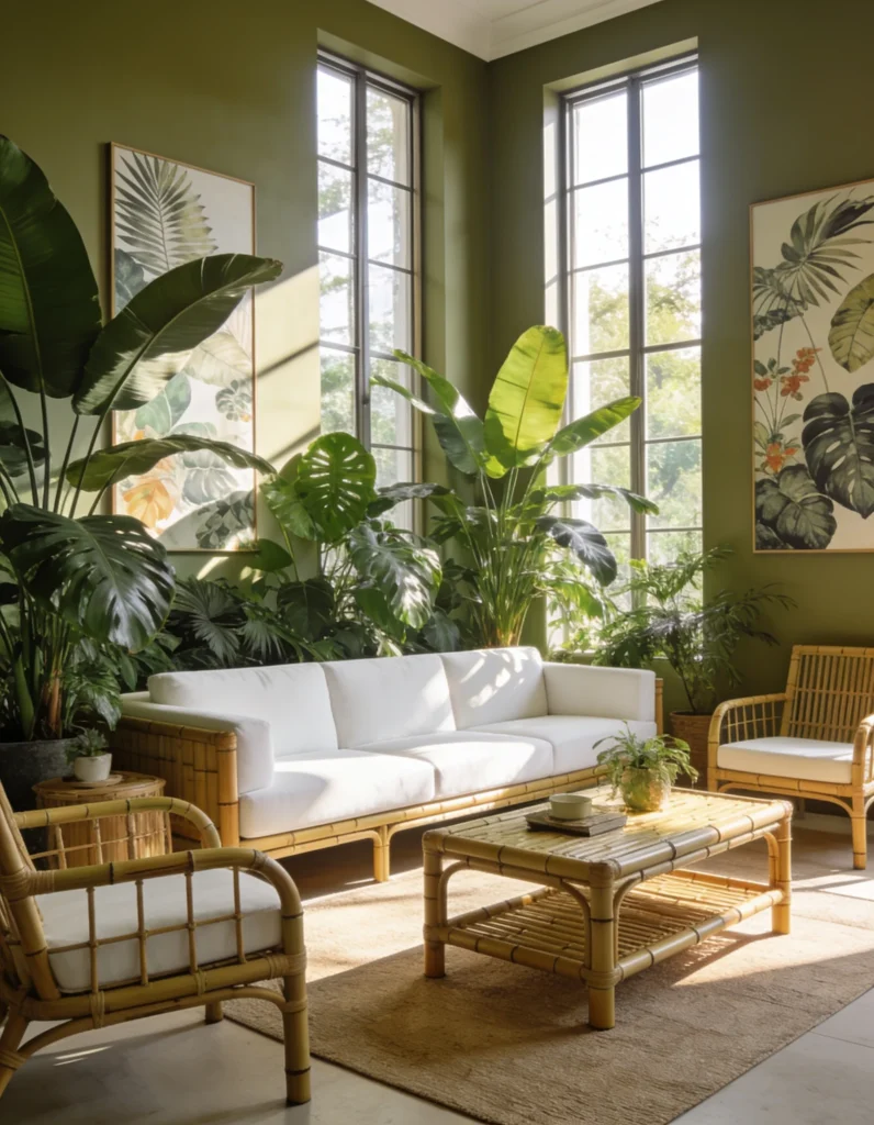 Modern living room with beige sofa, wooden coffee table and Scandinavian home decor ideas.