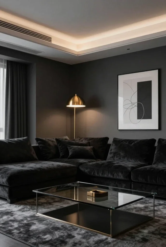 Modern living room layout with natural lighting and minimalist furniture.