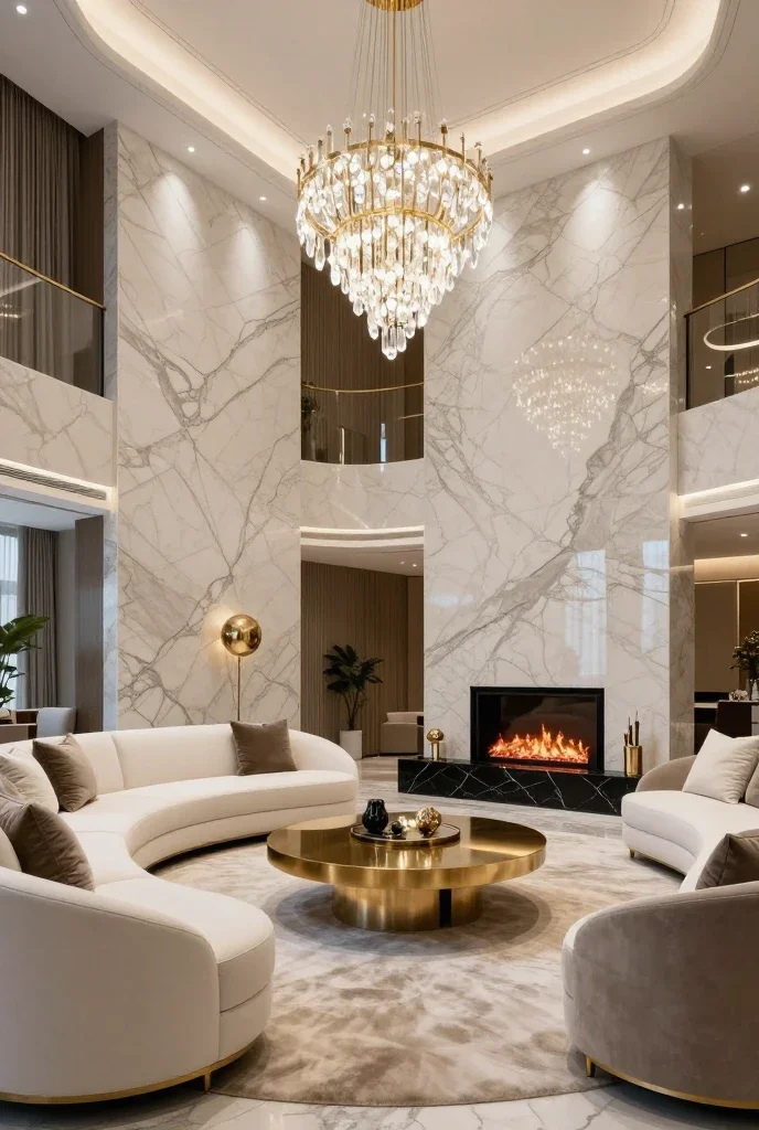 Luxury living room design with elegant lighting, soft textures and modern furniture.