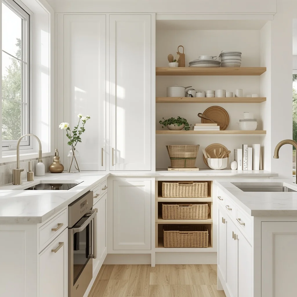 Smart kitchen storage ideas with organized cabinets and modern kitchen design.
