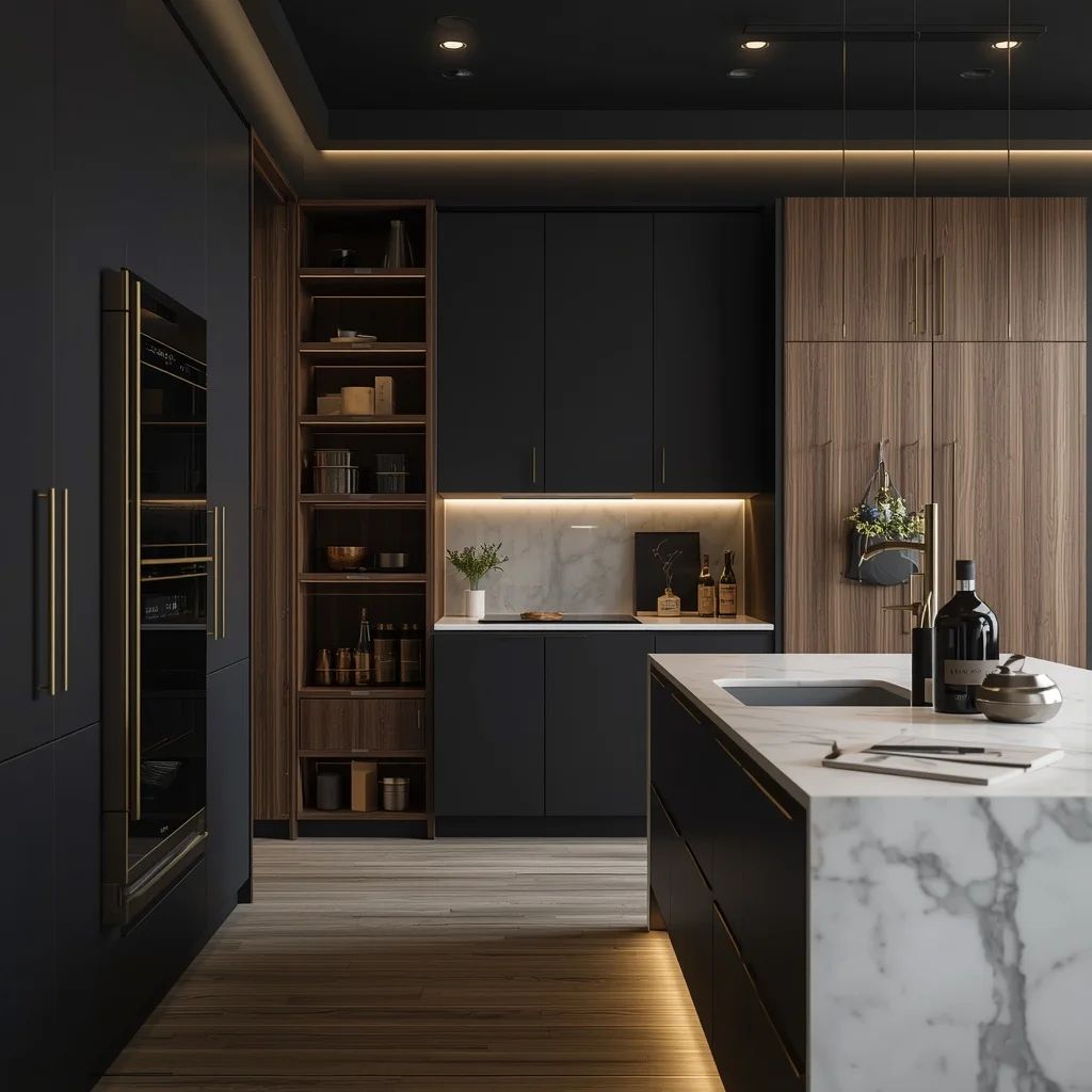Floating wooden kitchen shelves for stylish storage and organization.